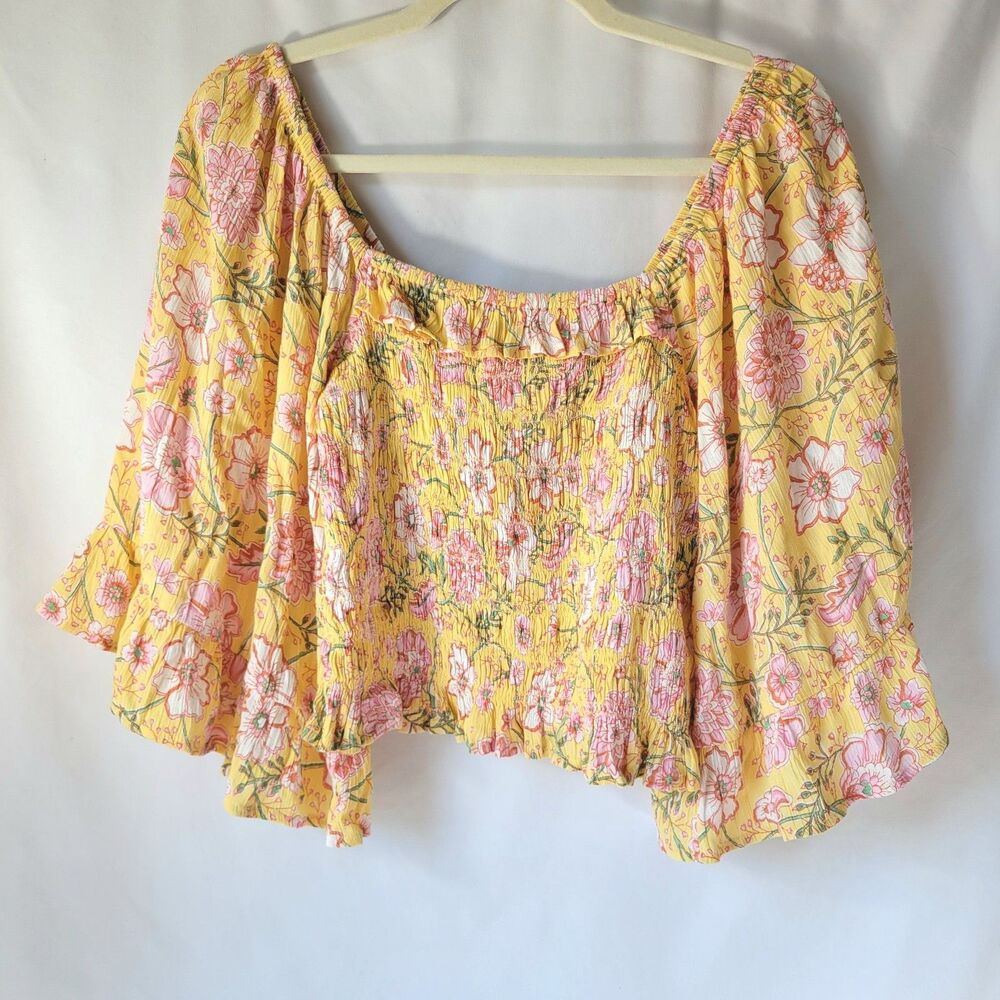 Billabong Floral Flowy Blouse Top Boho Cottagecore Yellow Bell Sleeve Large